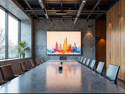 现代化会议室内部，大屏幕显示商业图表，商务人士围坐讨论，明亮灯光，专业商务环境